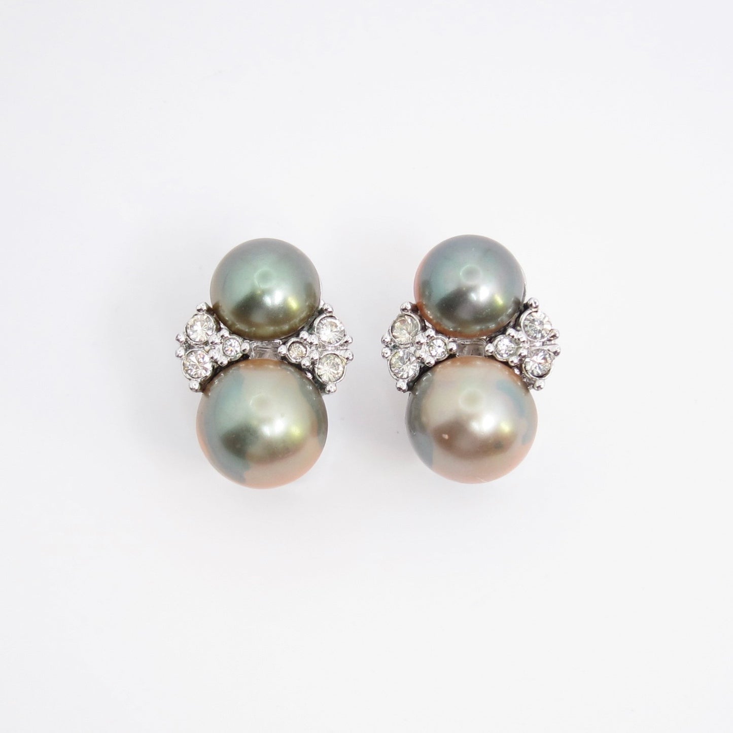 Christian Dior Vintage Grey Pearl and Rhinestone Silver Clip-on Earrings