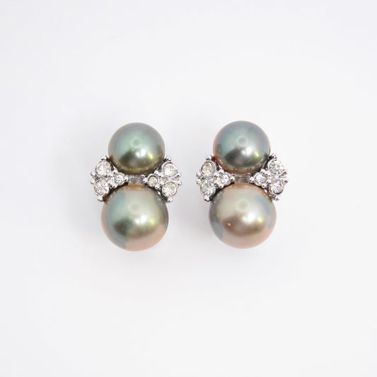 Christian Dior Vintage Grey Pearl and Rhinestone Silver Clip-on Earrings