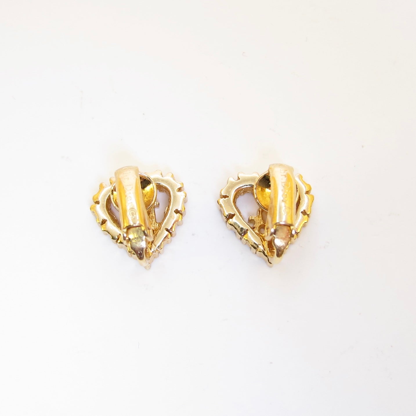 Christian Dior Vintage Dior Logo in Heart with Rhinestone Golden Clip-on Earrings