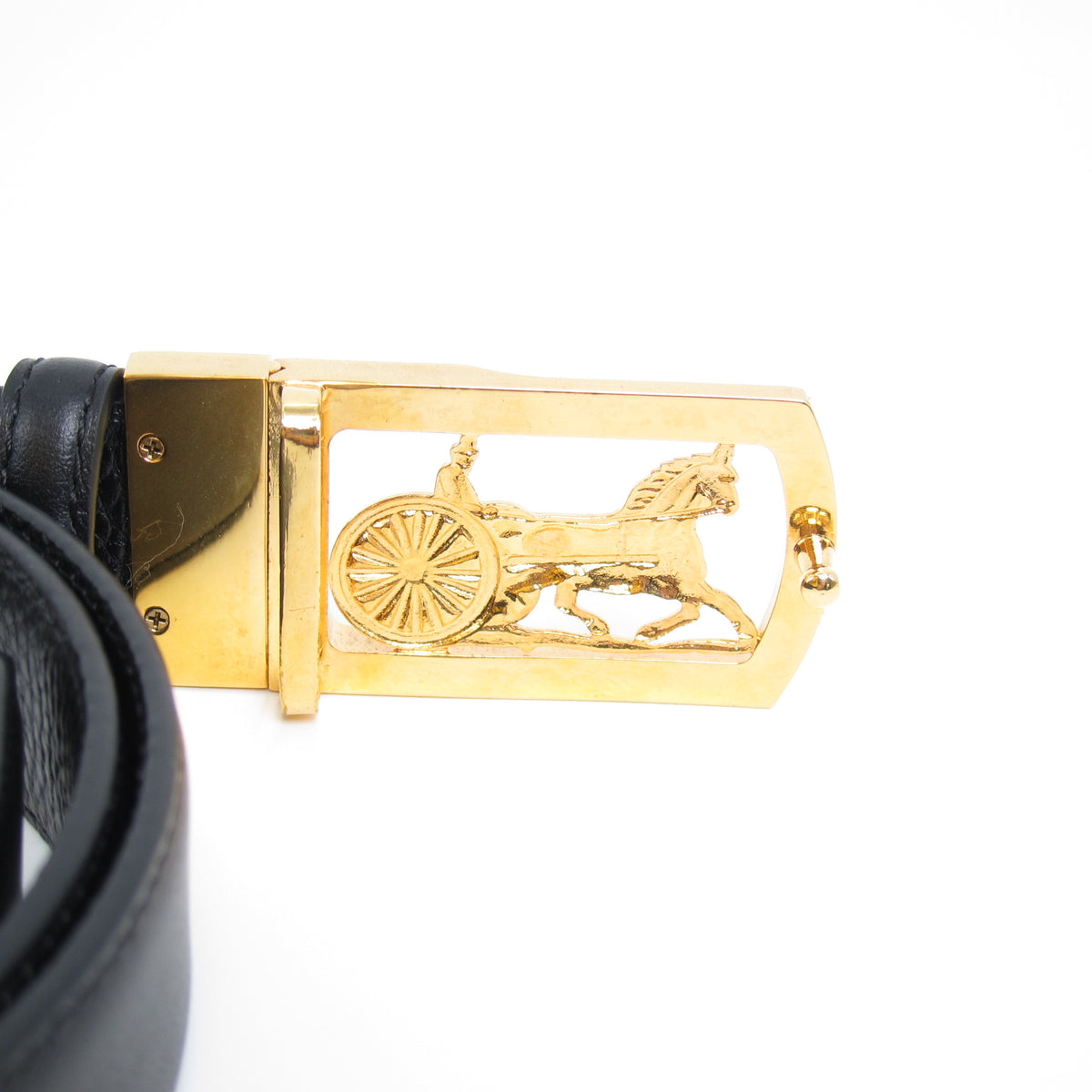 Celine Vintage Sulky Carriage Golden Buckle Black Leather Belt