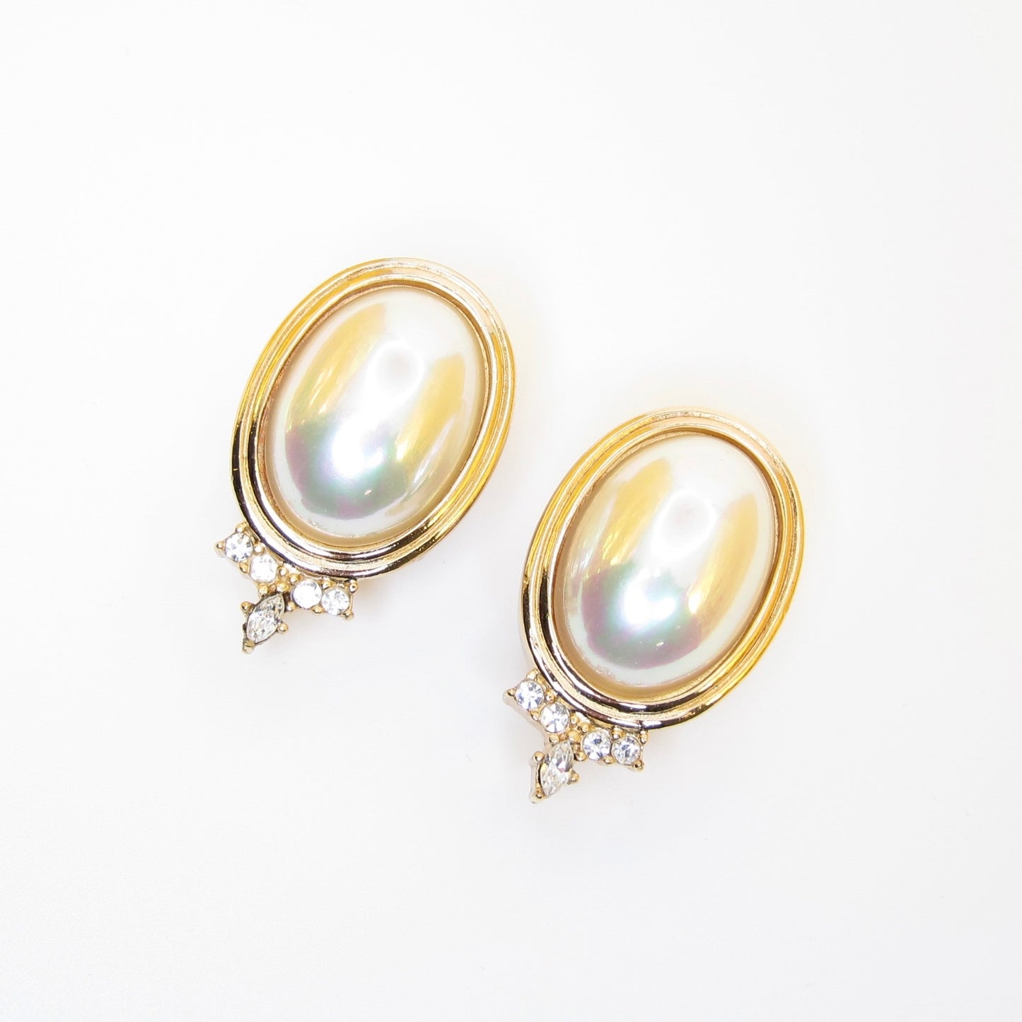 Christian Dior Vintage Oval Shape Pearl and Rhinestone Golden Clip-on Earrings