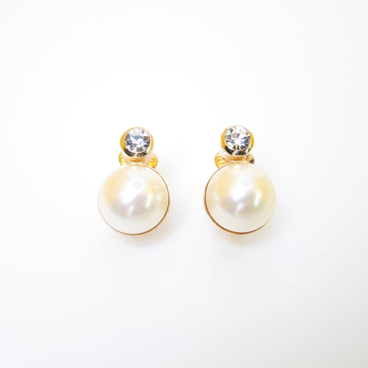 Christian Dior Vintage Round Shape Pearl and Rhinestone Golden Clip-on Earrings