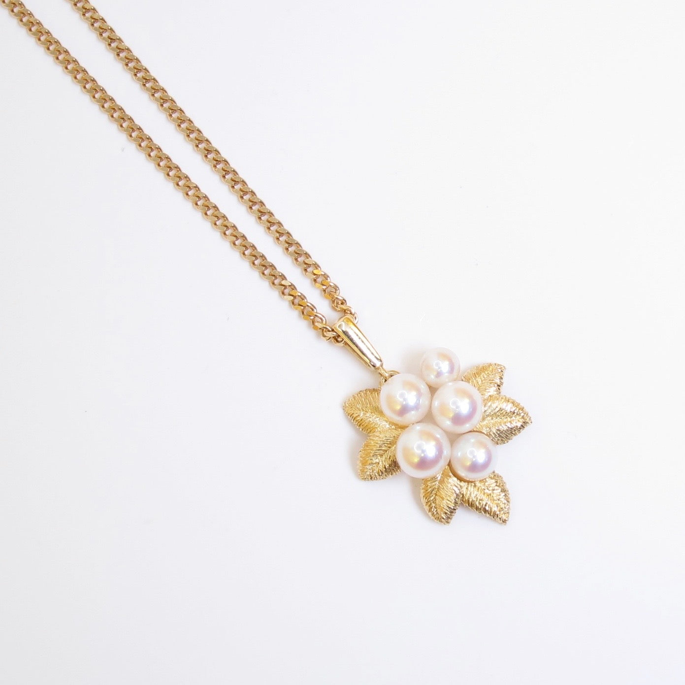 Mikimoto Vintage 18K Gold Textured Leaf & Akoya 5-Pearl Necklace