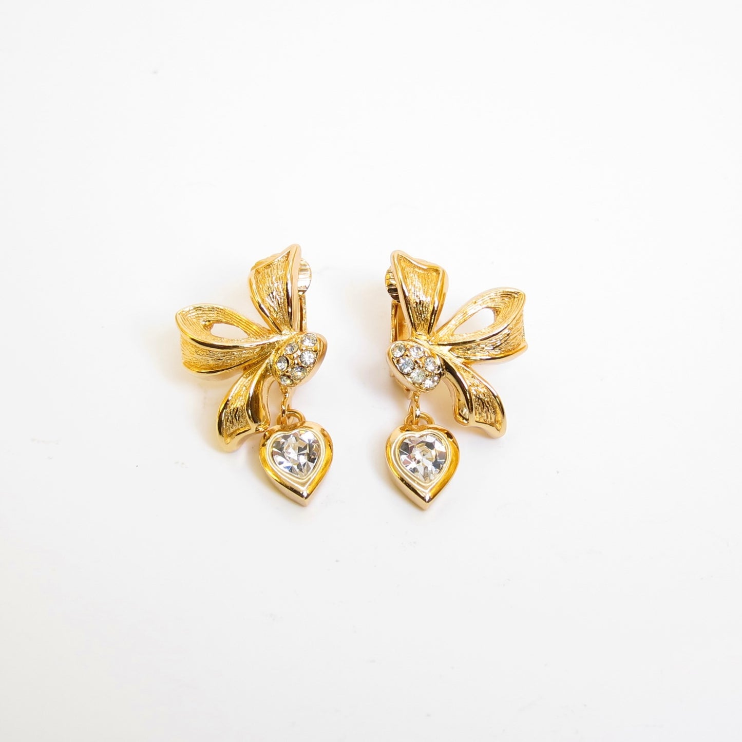 Christian Dior Vintage Ribbon Motif and Rhinestone Golden Clip-on Earrings