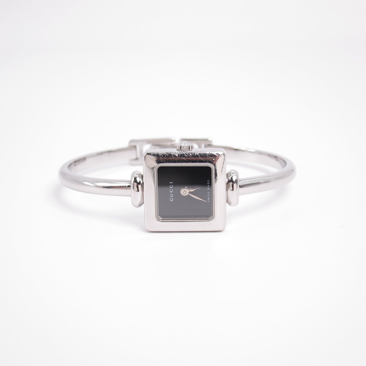 Gucci Vintage Square Black Face Silver Bangle Watch