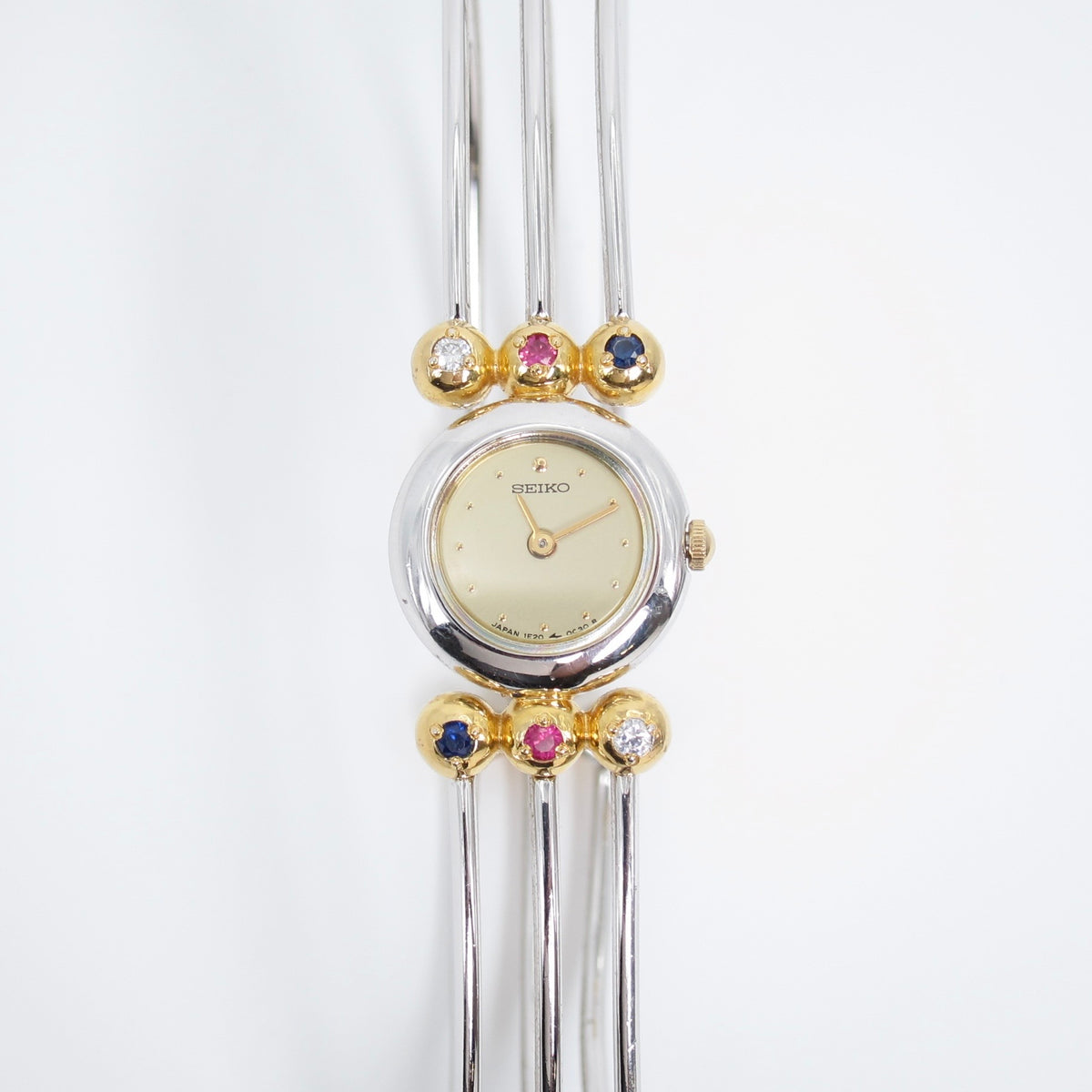 Seiko Vintage Round Face and Multi Gems Accents Tri-Wire Bangle Watch