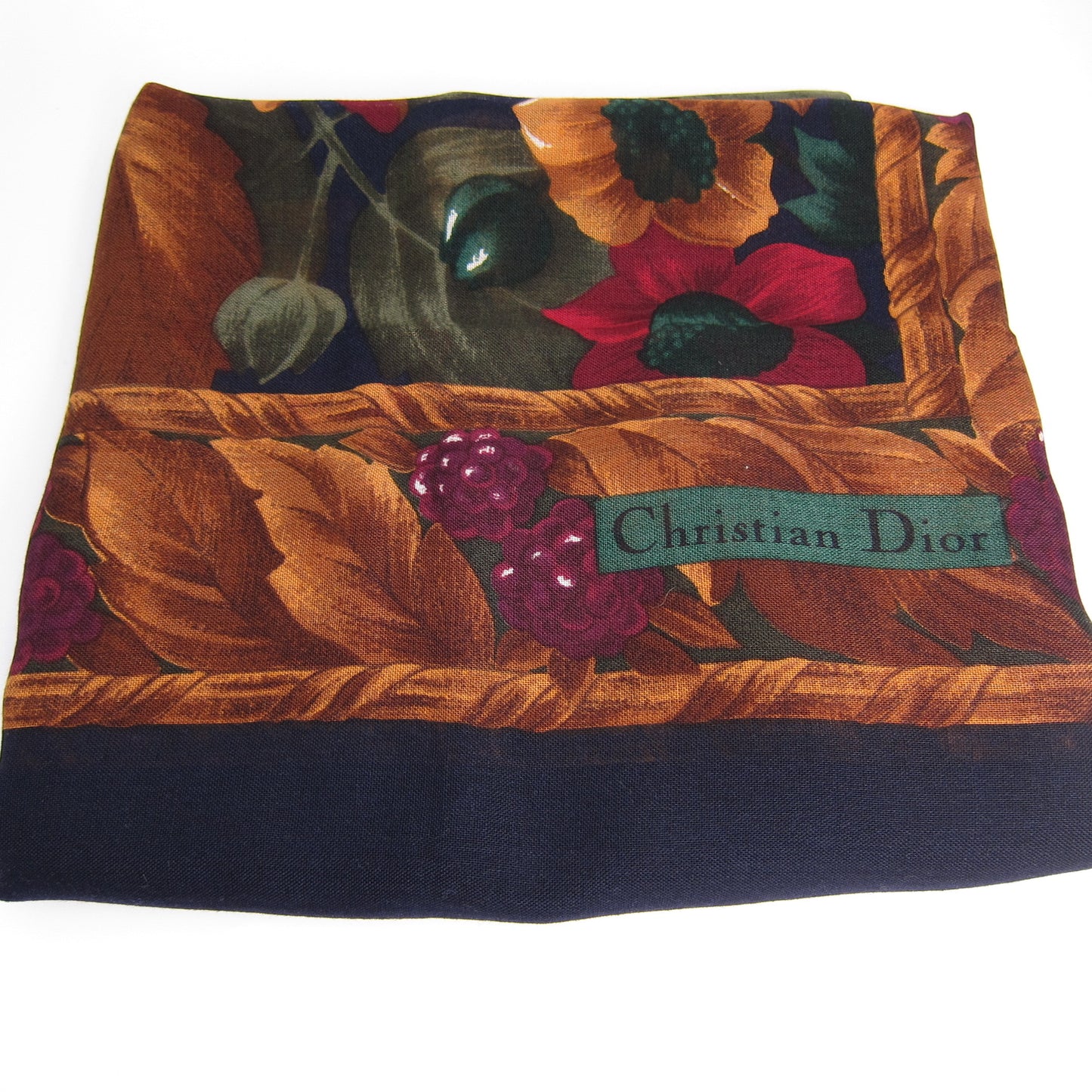 Christian Dior Vintage Floral Motif and Navy Silk-Wool Blend Scarf