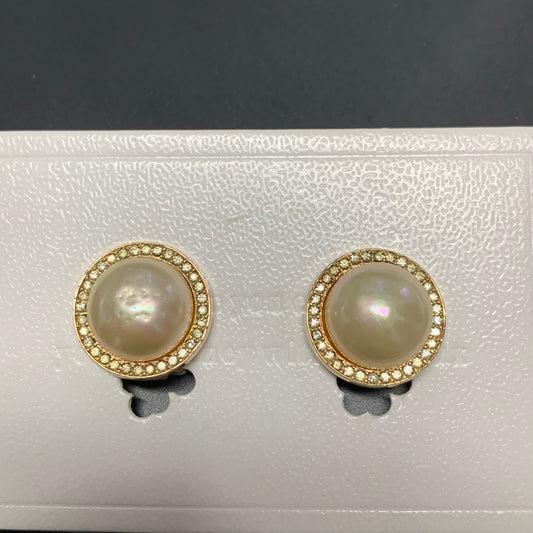 Christian Dior Vintage Round Shape Pearl with Rhinestone Golden Clip-on Earrings