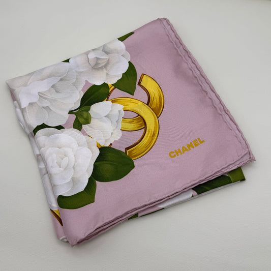 Chanel Vintage CC Logo White Camellia and Pink Color Silk Scarf