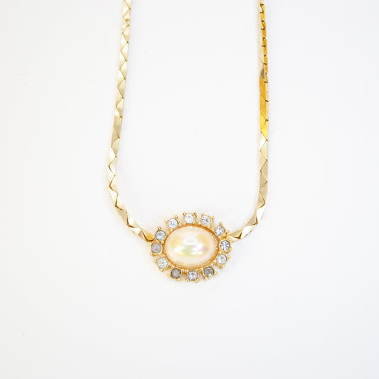Christian Dior Vintage Oval Shape Pearl and Rhinestone Golden Necklace