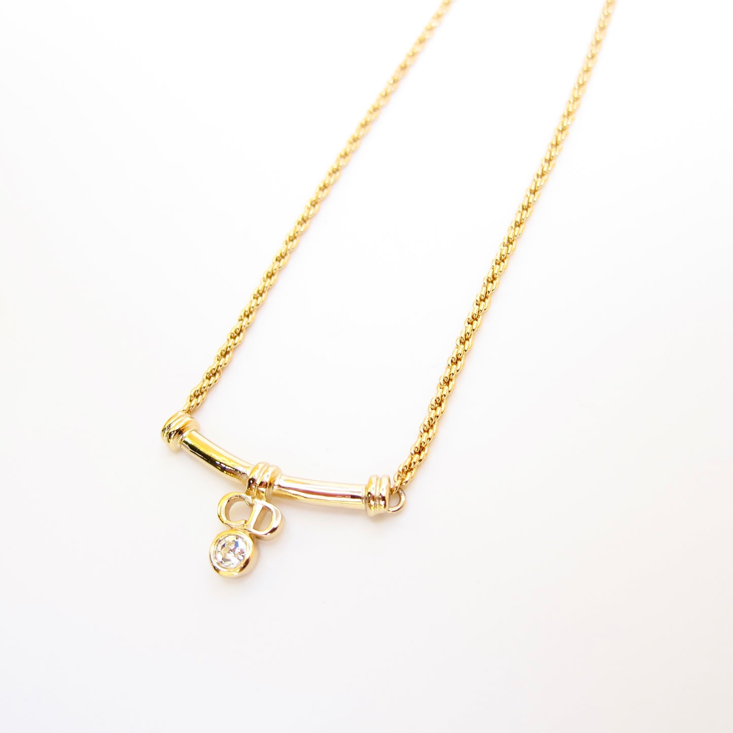 Christian Dior Vintage CD Logo and Rhinestone Golden Necklace