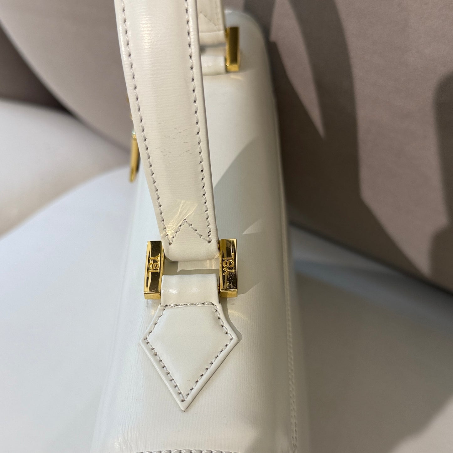 Yves Saint Laurent Vintage White Leather With Golden Logo Charm Top Handle Handbag