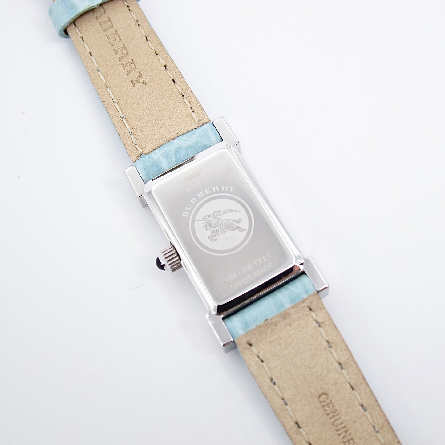 Burberry Vintage Rectangle Shell Pearl Face with Blue Leather Strap Watch
