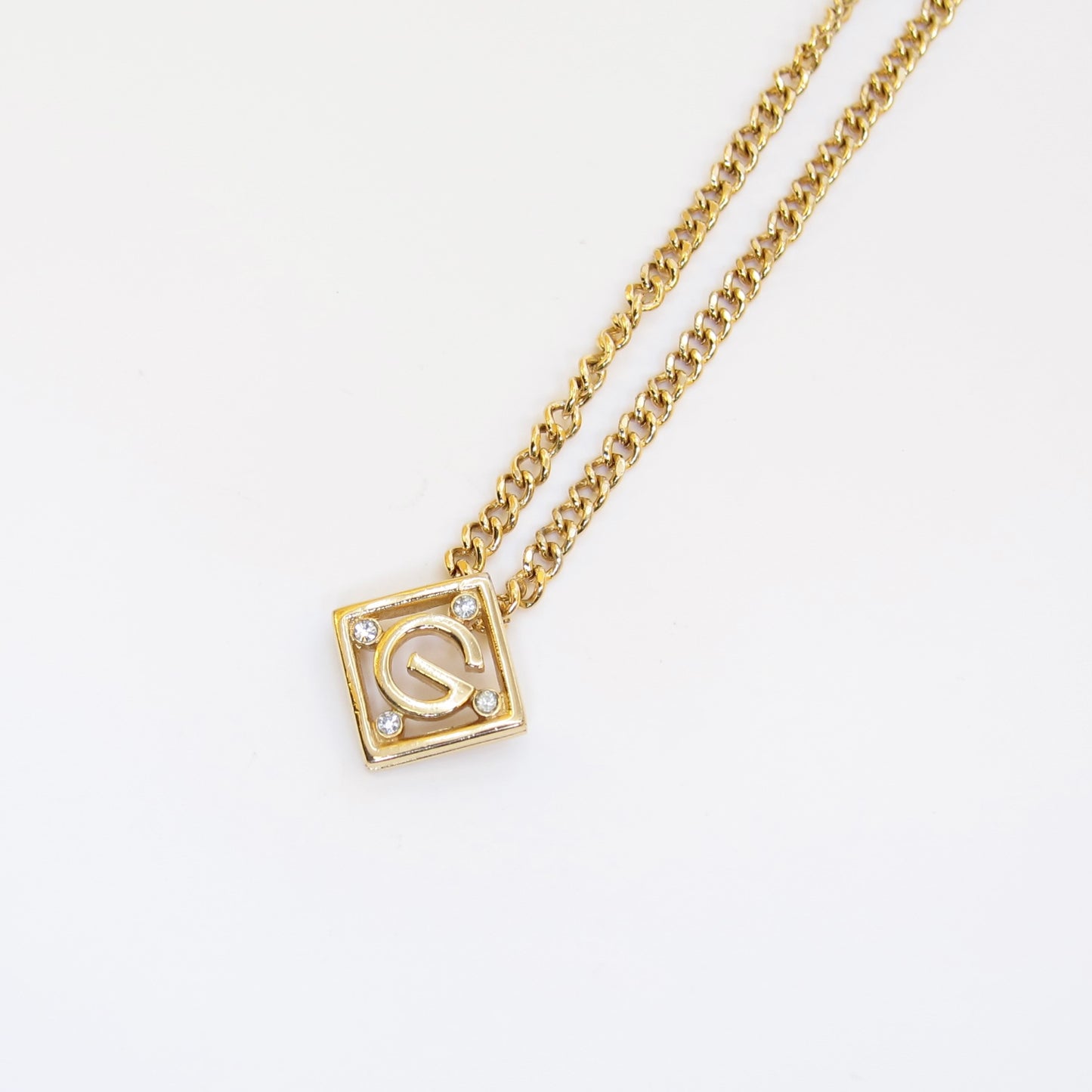 Givenchy Vintage G Logo in Rhombus and Rhinestone Golden Necklace