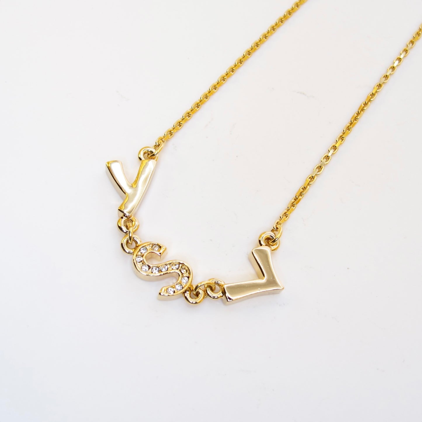 Yves Saint Laurent Vintage YSL Logo with Rhinestone Golden Necklace
