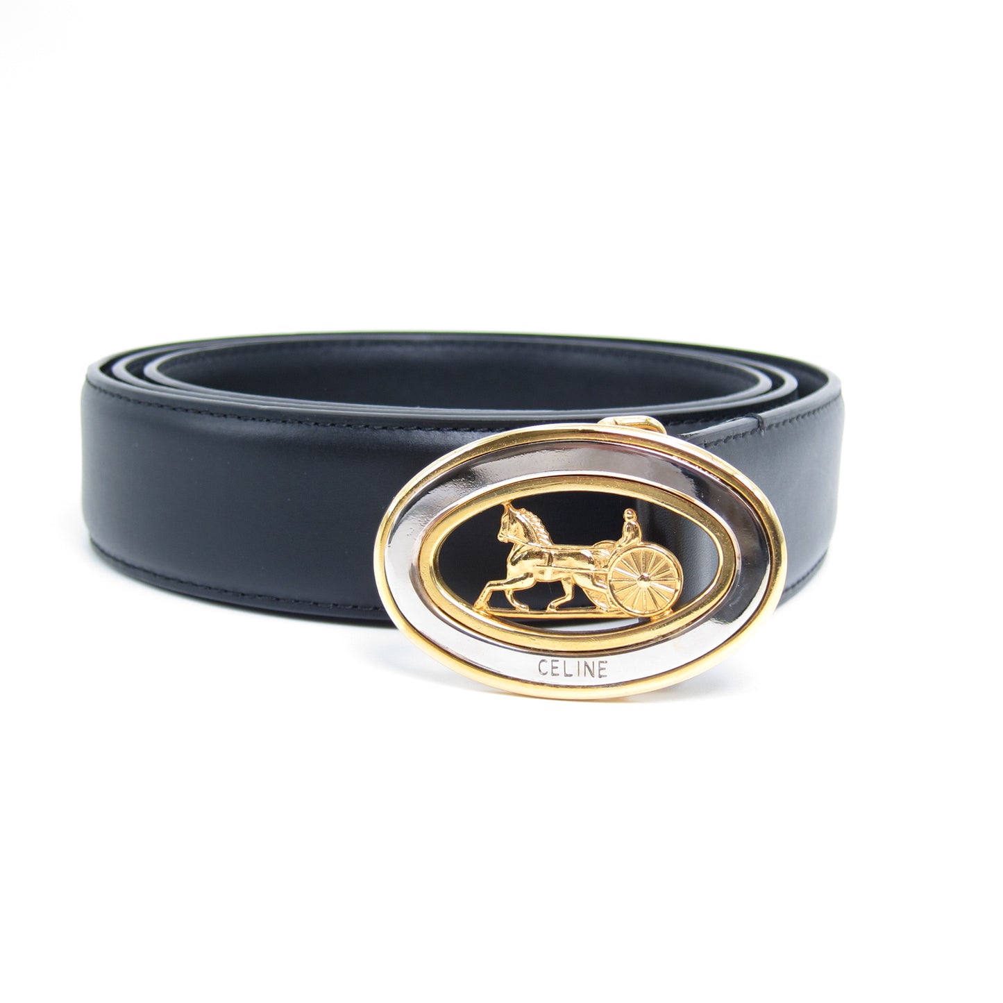 Celine Vintage Two Tone Oval Sulky Carrige Golden Buckle Black Leather Belt
