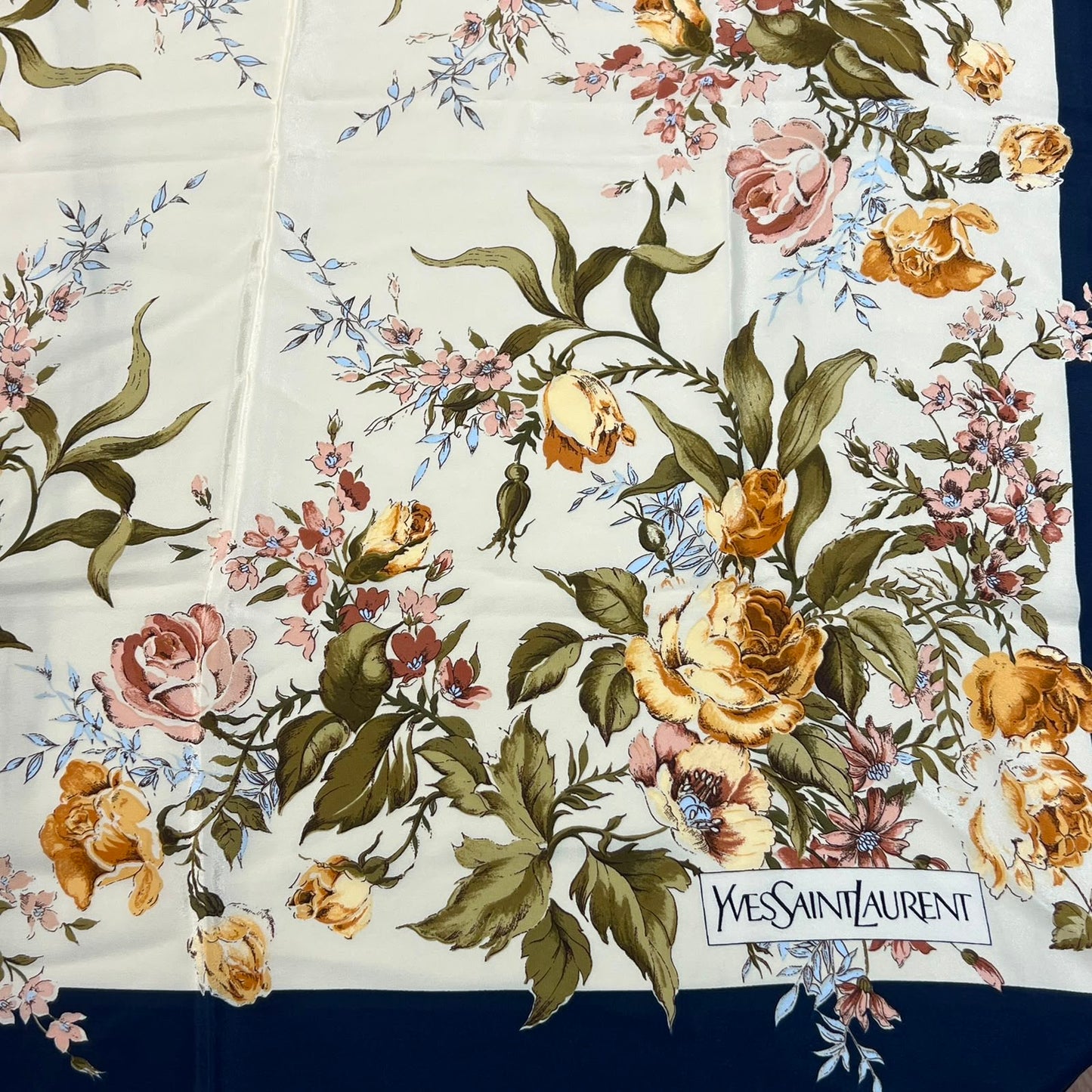 Yves Saint Laurent Vintage Floral Cream & Navy Silk Scarf