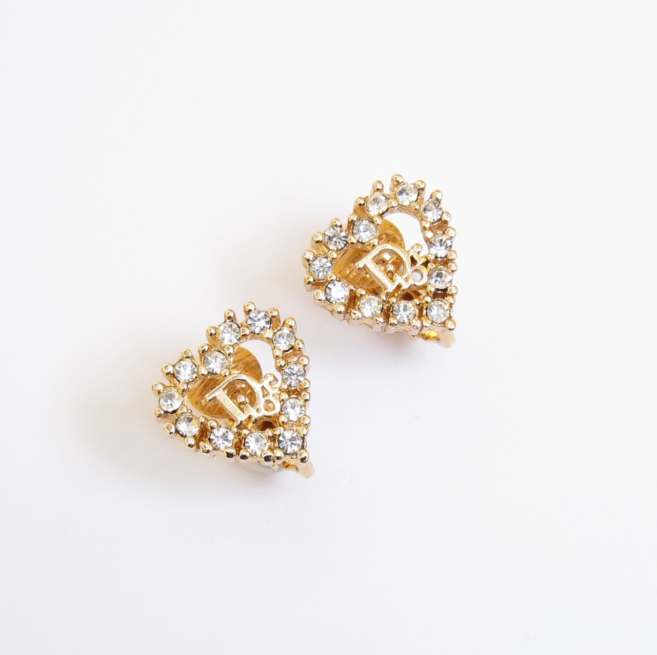 Christian Dior Vintage Dior Logo in Heart with Rhinestone Golden Clip-on Earrings