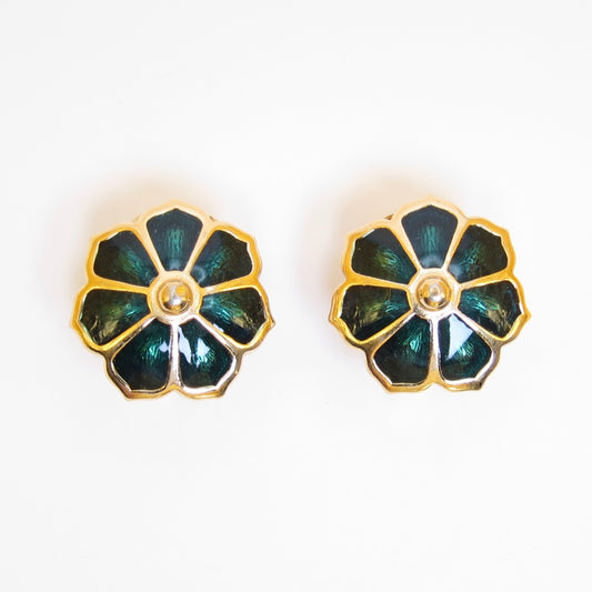 Burberry Vintage Flower Motif Green and Golden Clip-on Earrings