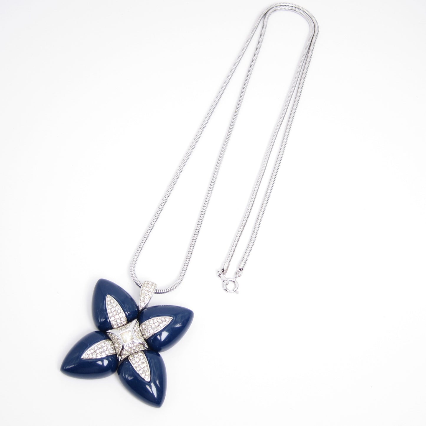 Givenchy Vintage Geometric Navy and Rhinestone Flower Pendant Silver Necklace