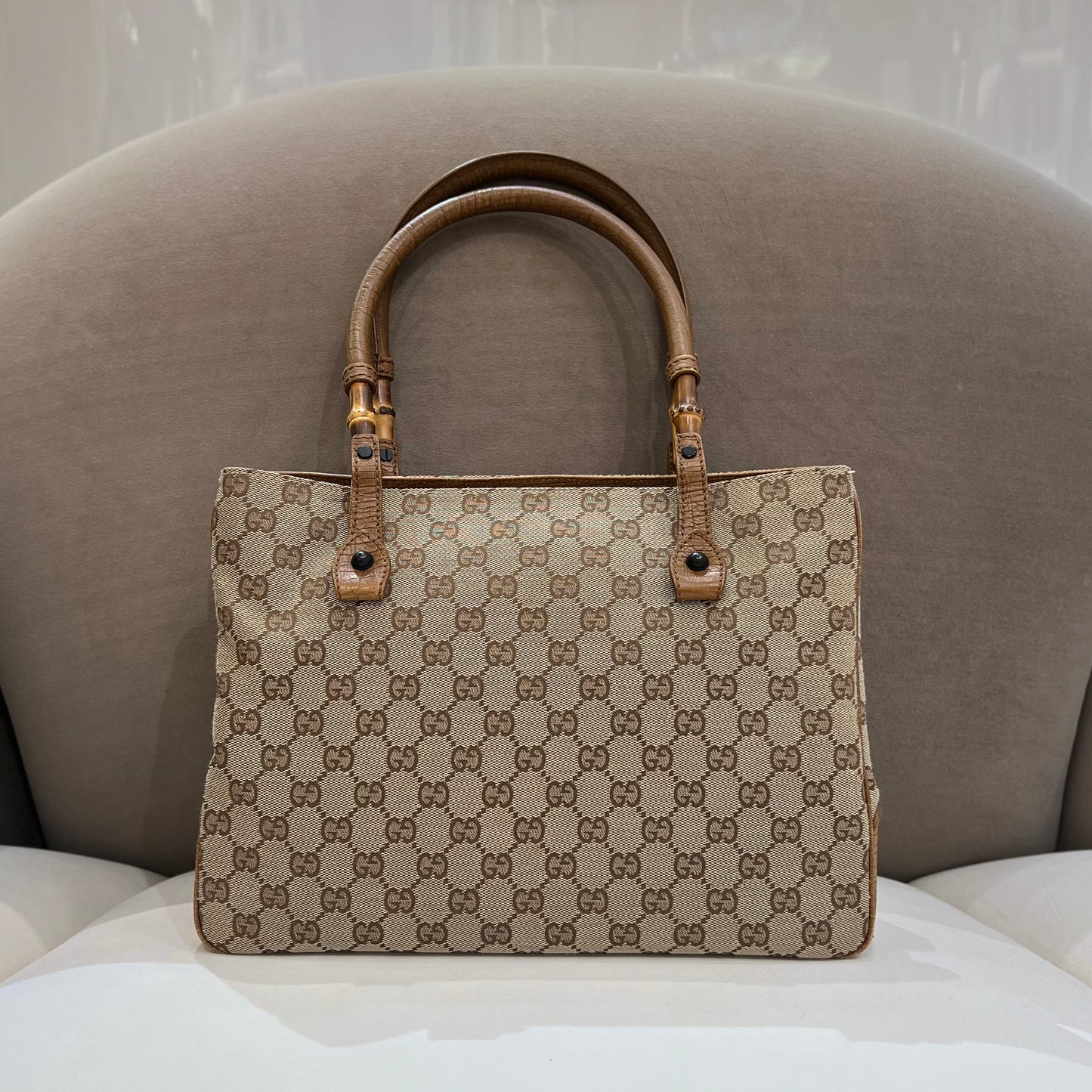 Gucci Vintage Gg Logo Canvas With Bamboo Handle Tote Bag