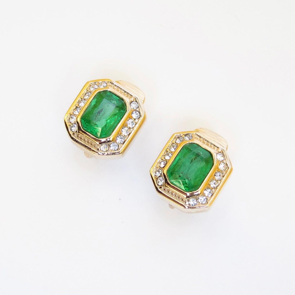 Christian Dior Vintage Octagon Green and Rhinestone Golden Clip-on Earrings