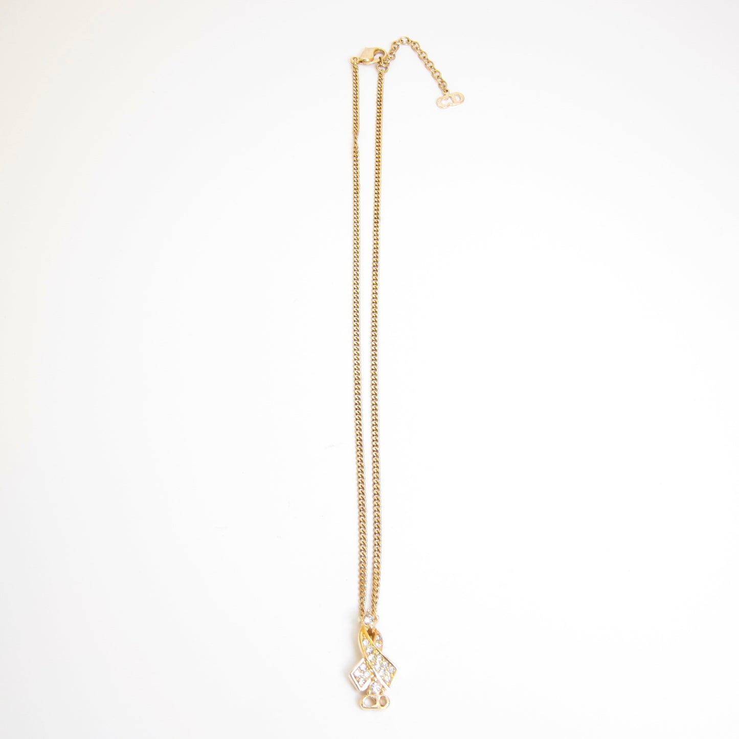 Christian Dior Vintage CD Logo and Ribbon with Rhinestone Golden Necklace