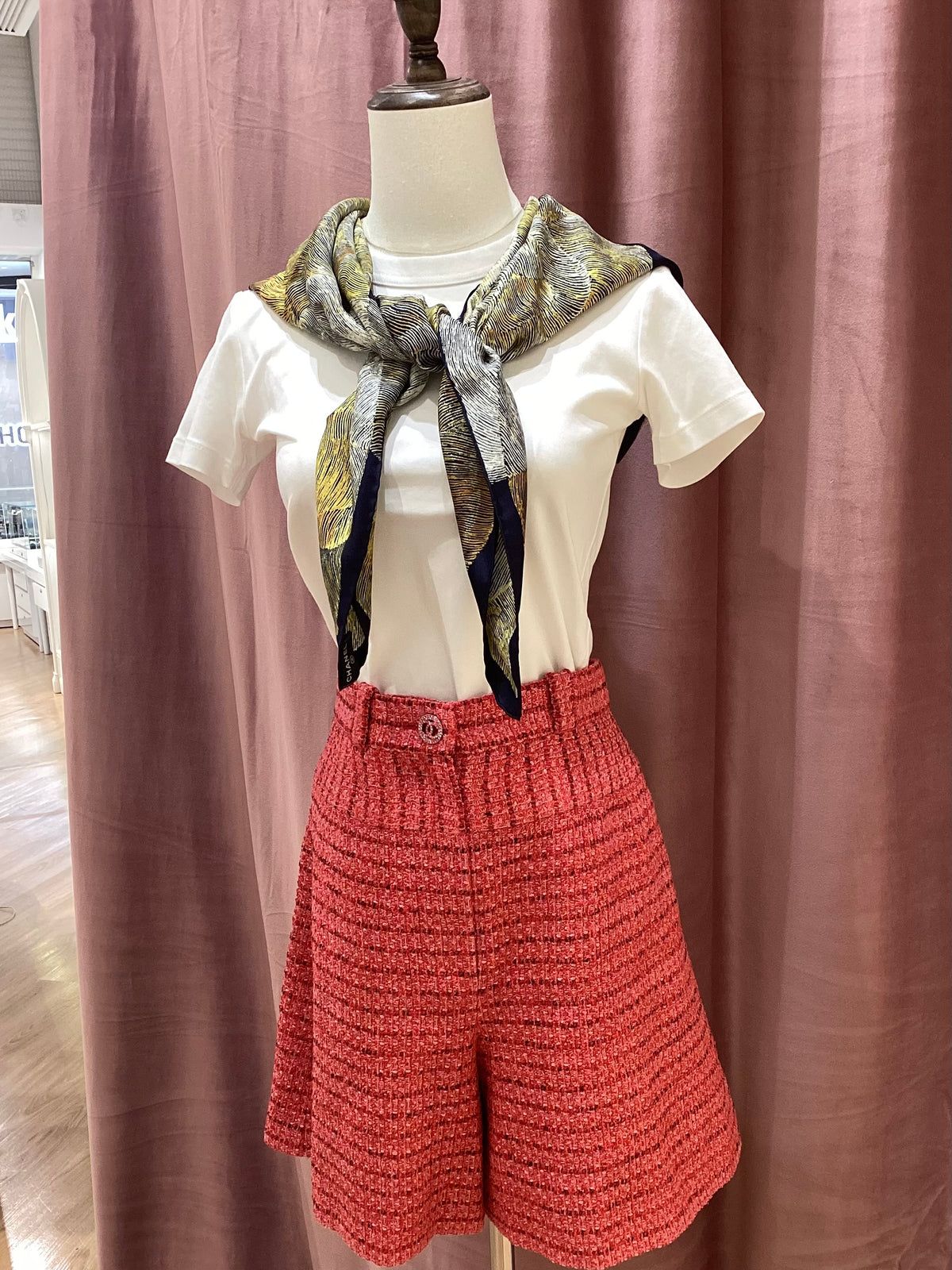 Chanel Vintage Unused Red Twill Woven High-Waisted Shorts with Rhinestone Buttons