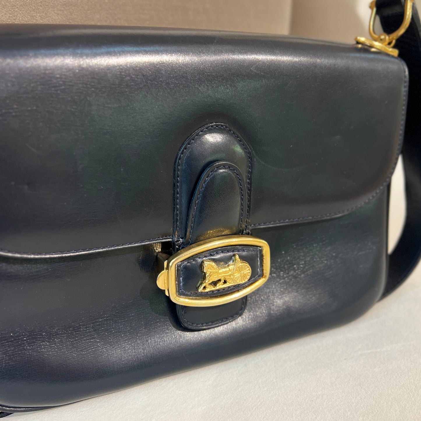 Celine Vintage Golden Carriage Buckle Black Leather Shoulder Bag