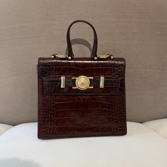 Versace Vintage Yellow Ostrich Leather Top Handle Bag