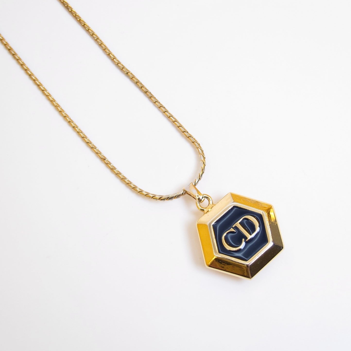 Christian Dior Vintage CD Logo Hexagon Black and Golden Necklace
