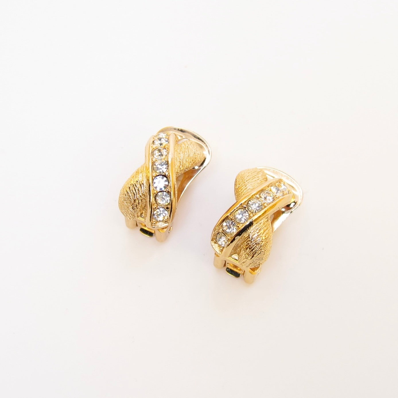 Christian Dior Vintage Rhinestone Criss-Cross Golden Clip-on Earrings
