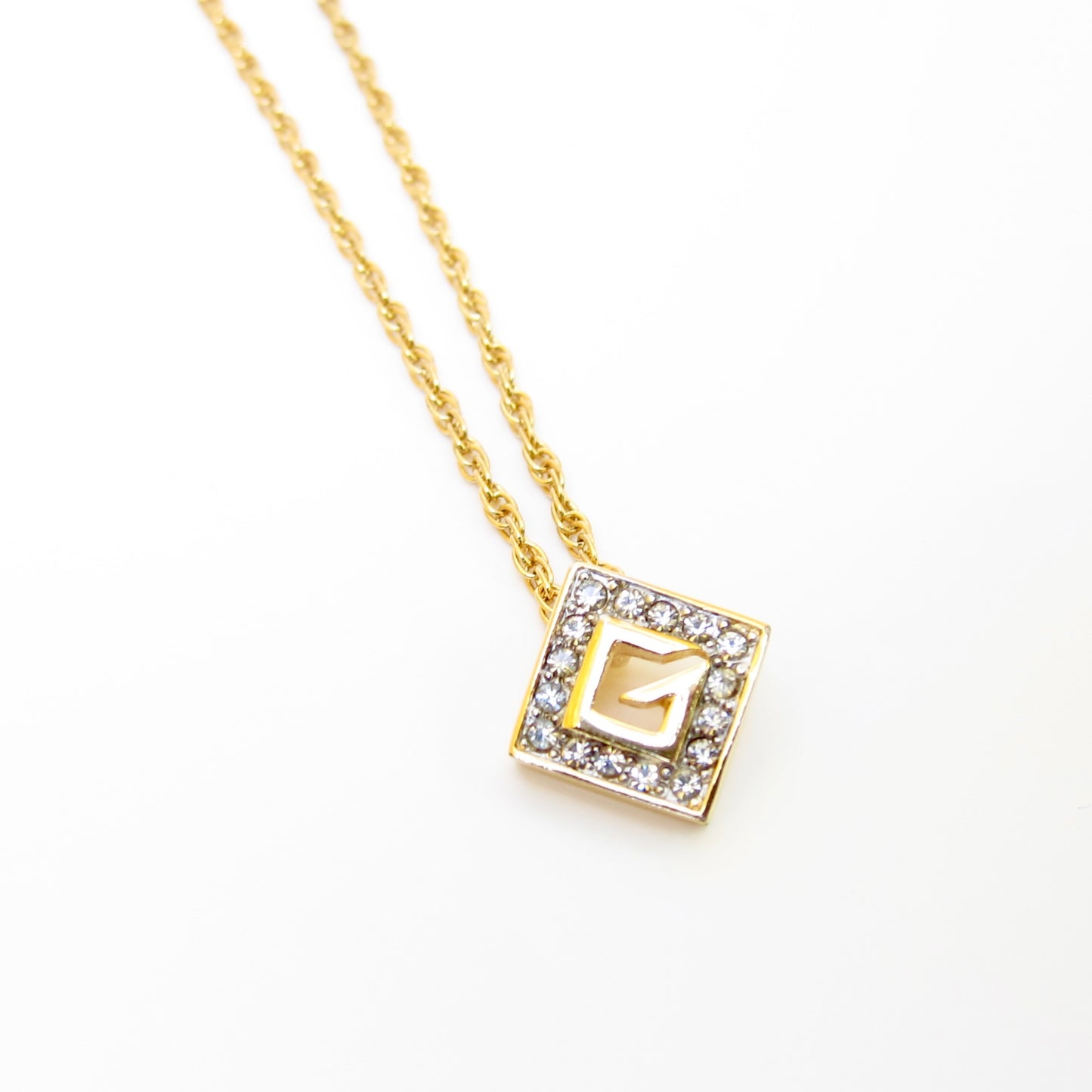 Givenchy Vintage G Logo in Rhombus with Rhinestone Golden Necklace