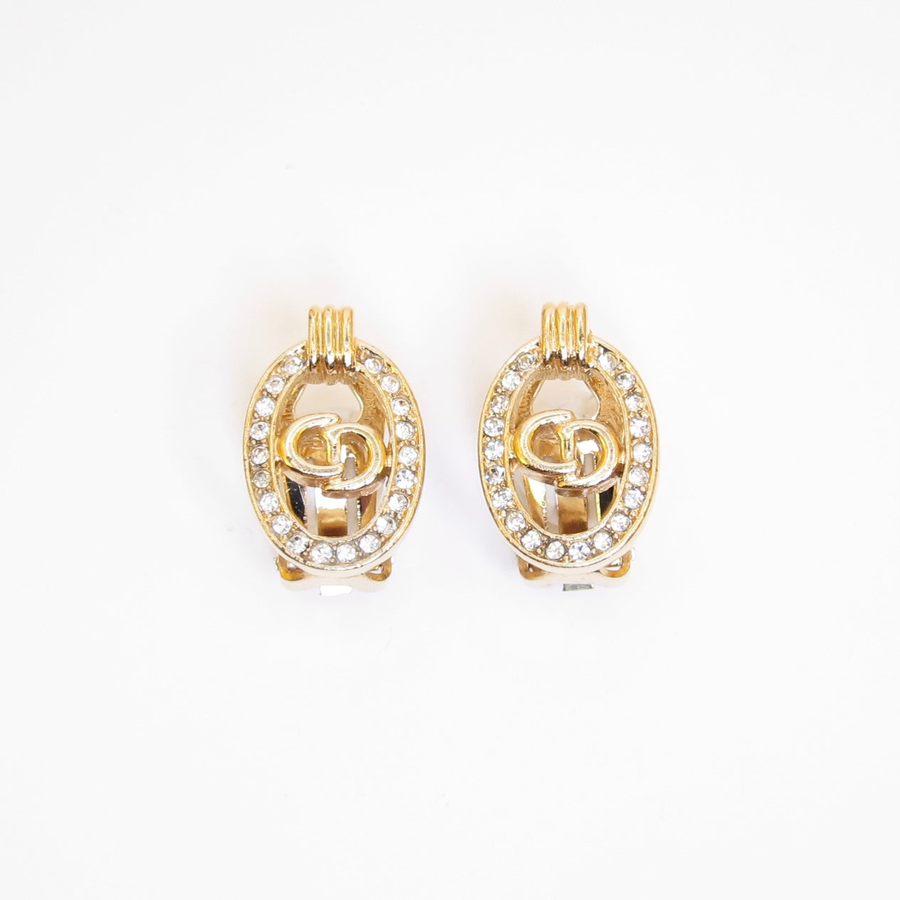 Christian Dior Vintage CD Logo in Oval Shaped with Rhinestone Golden Clip-on Earrings