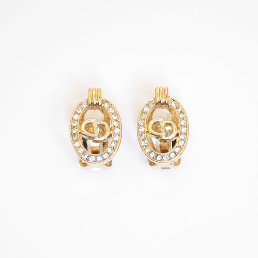 Christian Dior Vintage CD Logo in Oval Shaped with Rhinestone Golden Clip-on Earrings