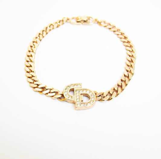 Christian Dior Vintage CD Logo with Rhinestone Golden Bracelet