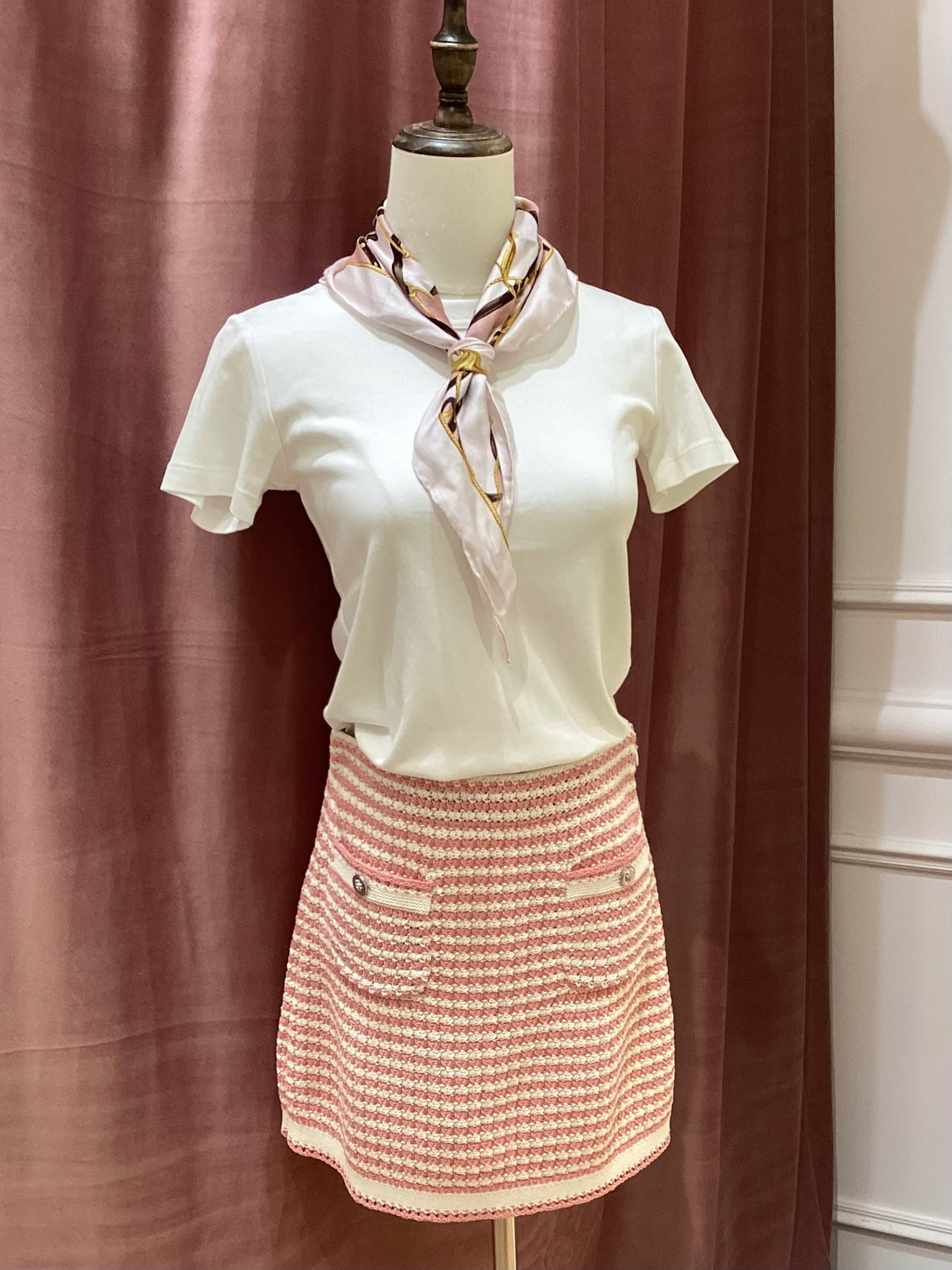 Chanel Vintage Unused Pink and White Knit Double Pocket Skirt
