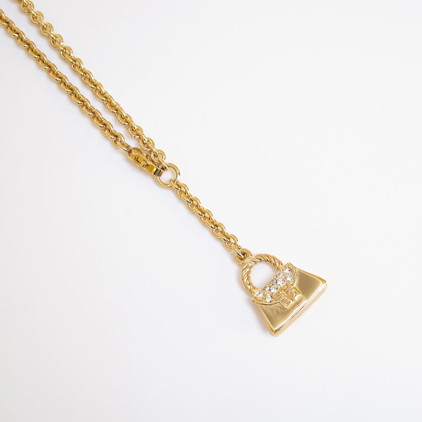 Givenchy Vintage 4G Logo and Rhinestone Handbag Pendant Golden Y-Necklace