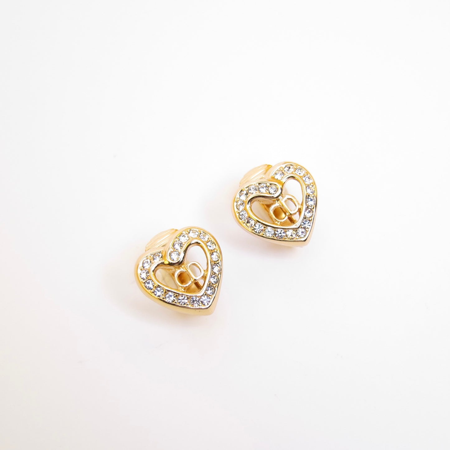 Christian Dior Vintage CD Logo in Heart with Rhinestone Golden Clip-on Earrings