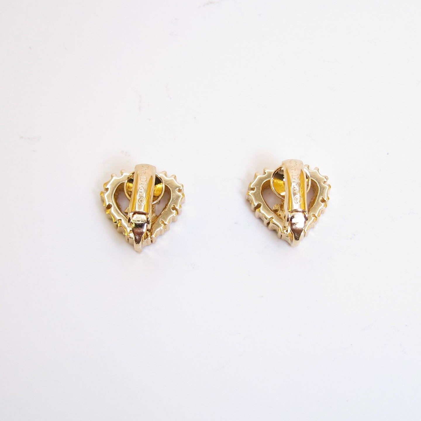 Christian Dior Vintage Dior Logo in Heart with Rhinestone Golden Clip-on Earrings