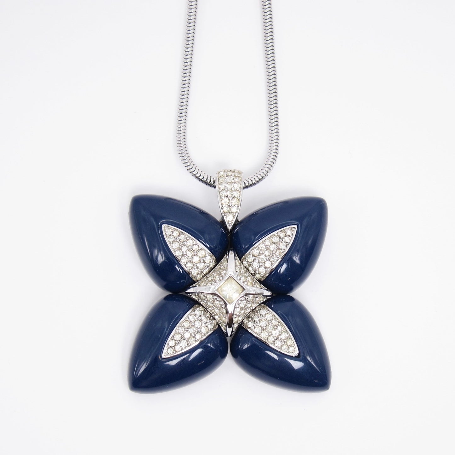 Givenchy Vintage Geometric Navy and Rhinestone Flower Pendant Silver Necklace