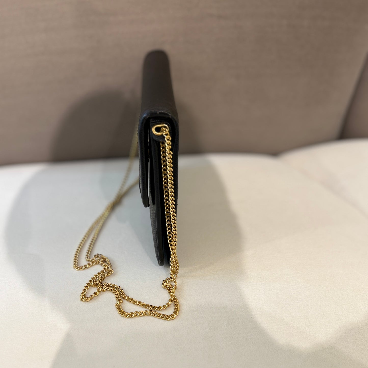 Christian Dior Golden Logo Black Leather Shoulder Bag With Golden Chain