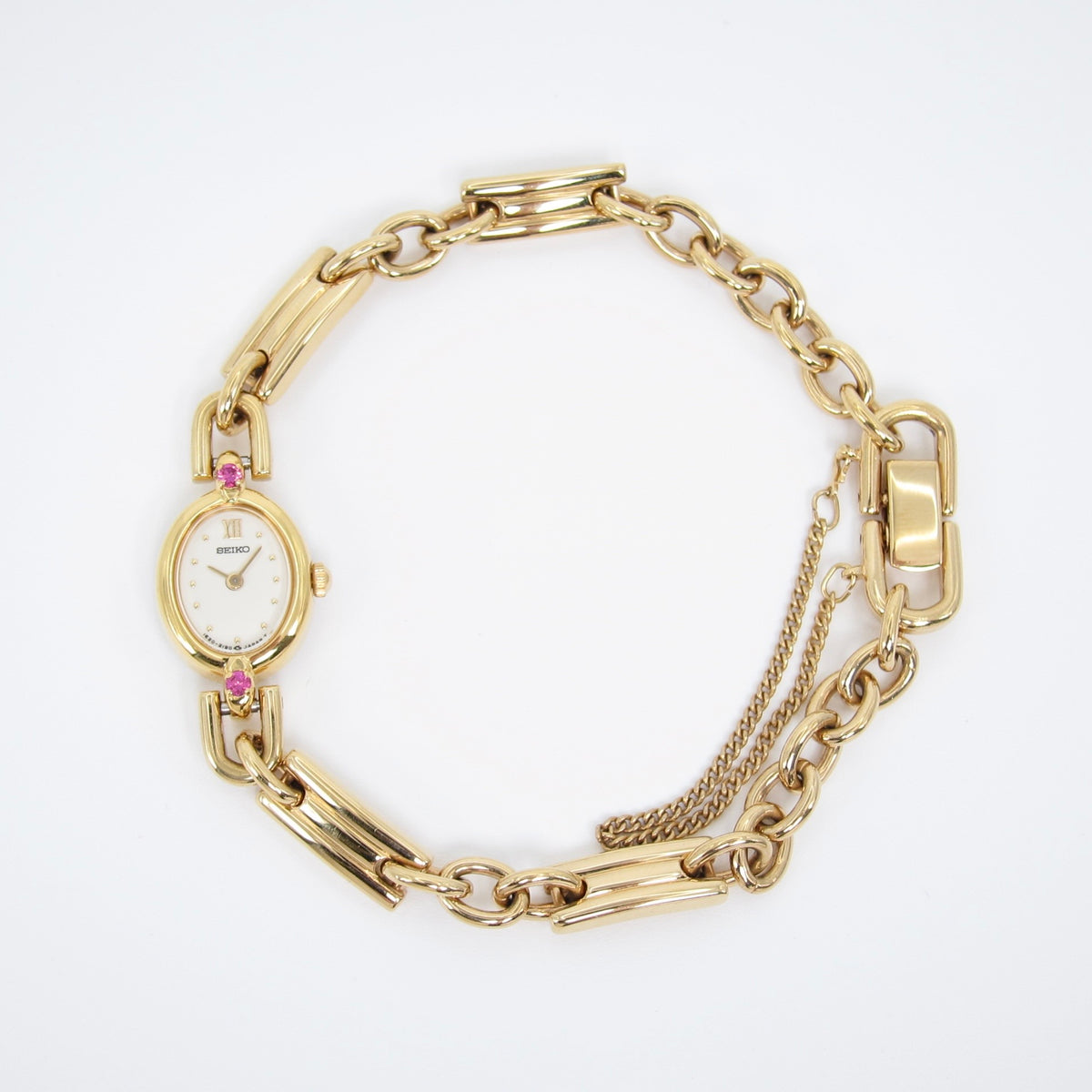 Seiko Vintage Oval Dial Amethyst Stone Bone Link Golden Watch