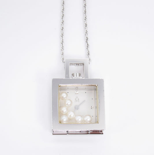 Mikimoto Vintage Square White Face Silver Pendant Watch with Pearl Box and Necklace