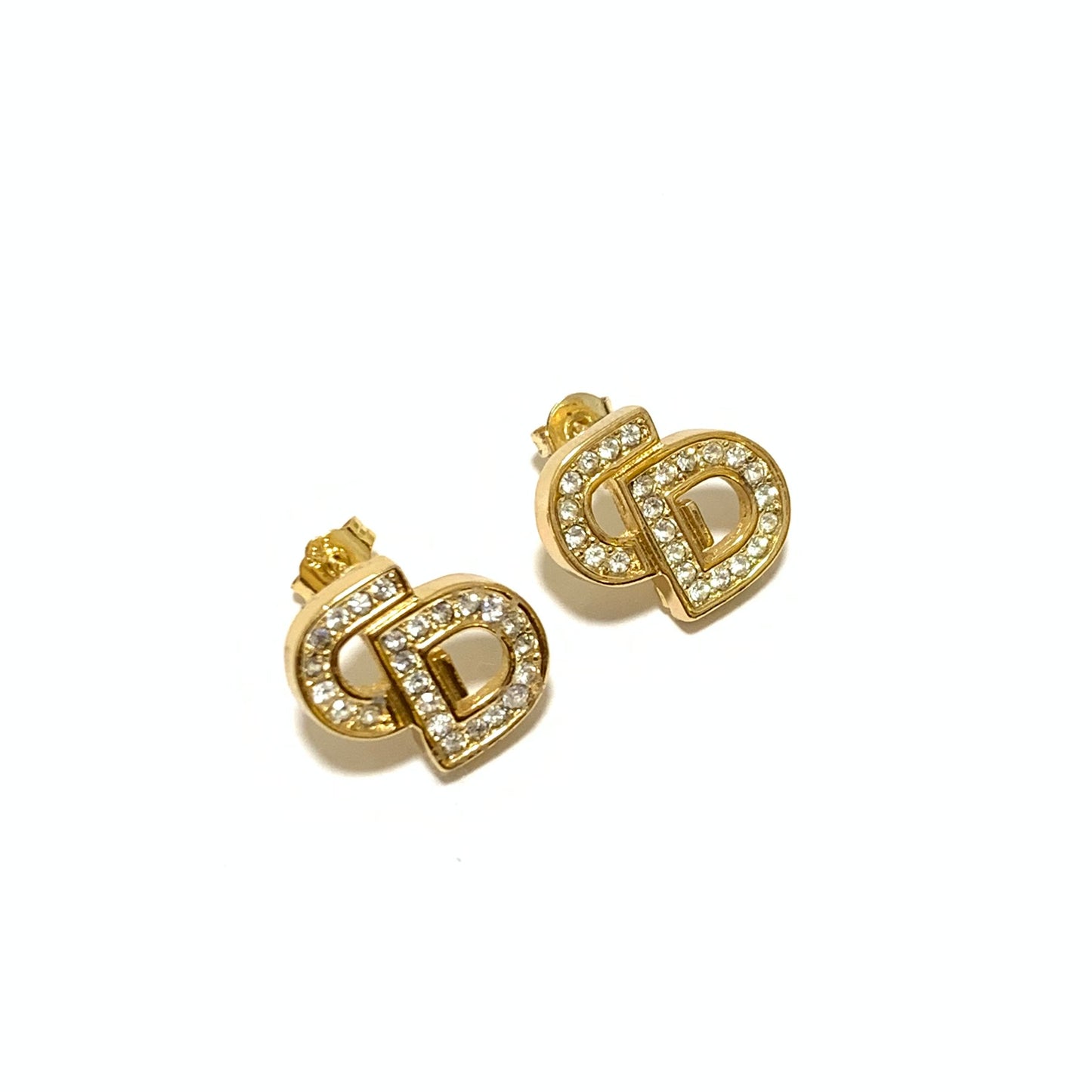 Christian Dior Vintage CD Logo with Rhinestone Golden Earrings