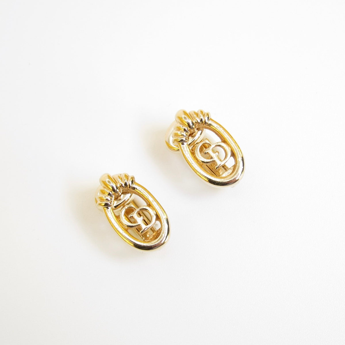 Christian Dior Vintage Textured Oval CD Logo Gold-Tone Clip-On Earrings