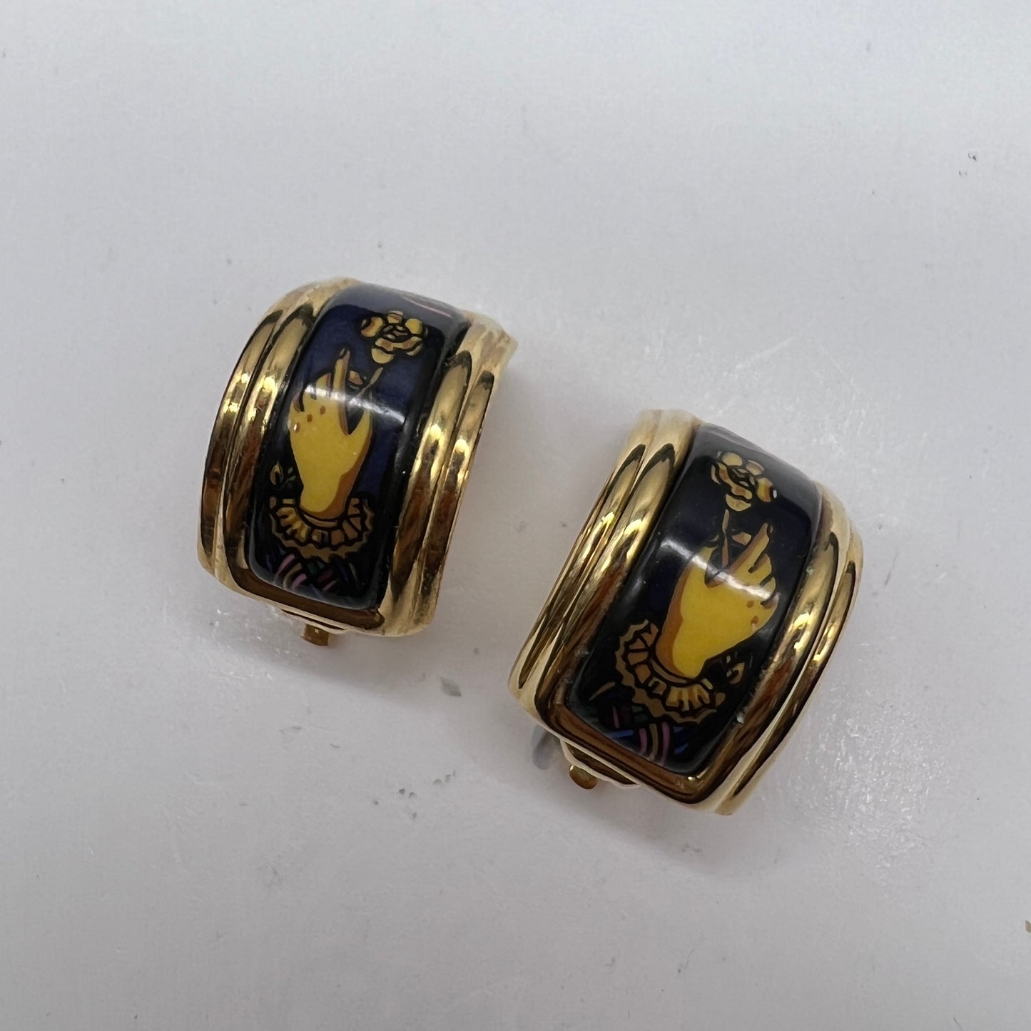 Hermes Vintage Blue X Golden Enamelled Clip-On Earrings