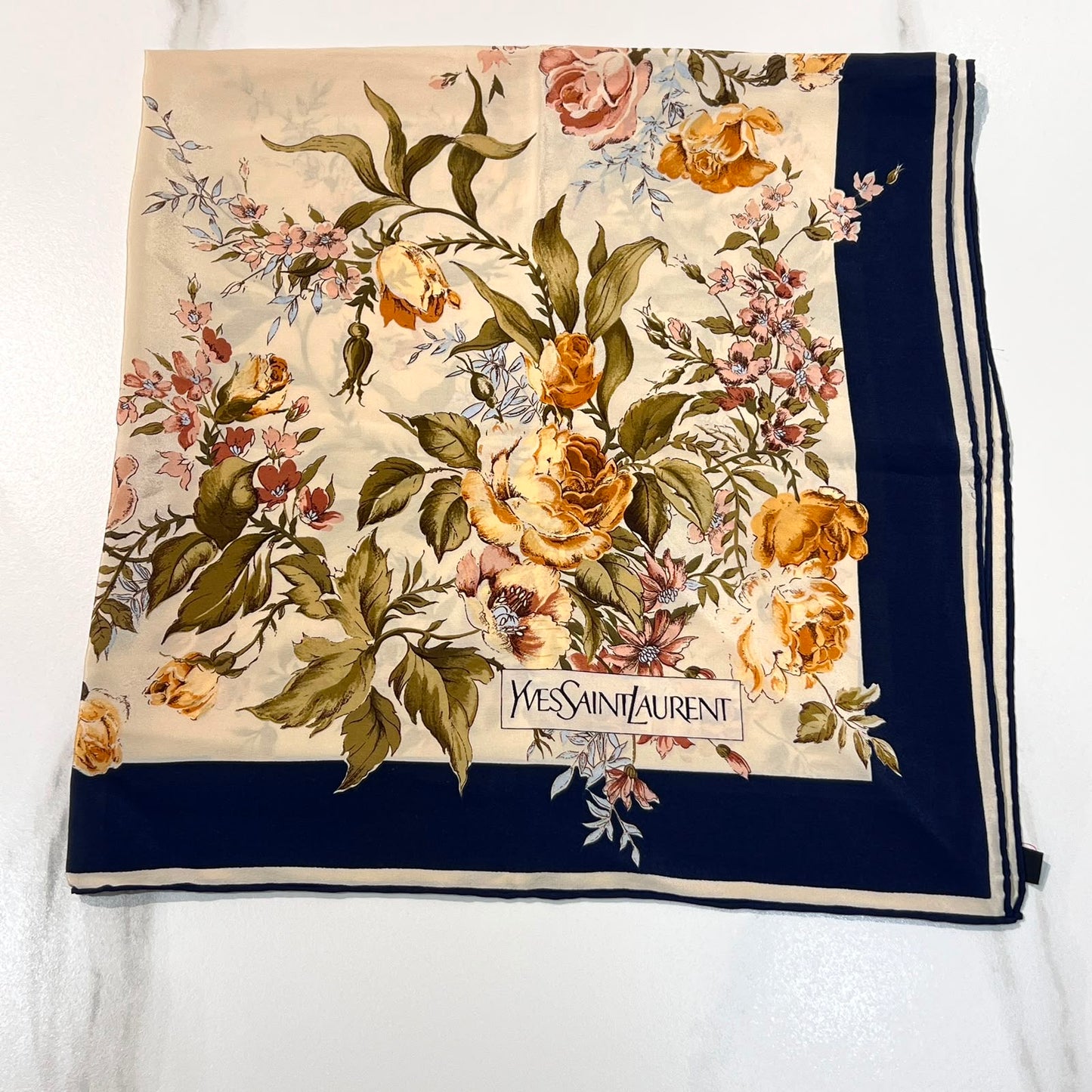 Yves Saint Laurent Vintage Floral Cream & Navy Silk Scarf