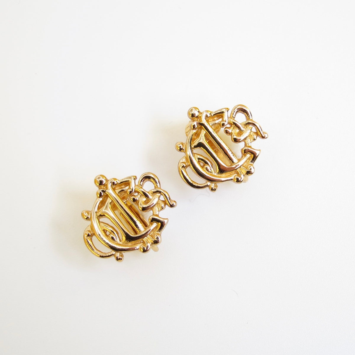 Christian Dior Vintage Ornate CD Monogram Gold-Tone Clip-On Earrings