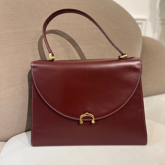 Cartier Vintage Golden Buckle Burgundy Red Leather Top Handle Handbag